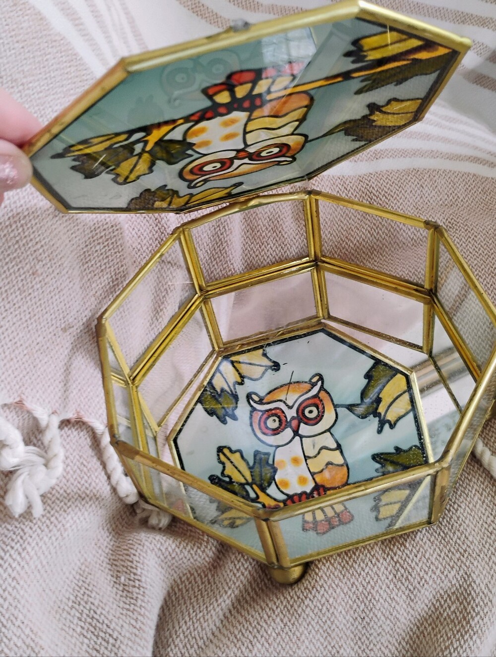 Vintage Jewelry Box Stained Glass Mirrored, Owl